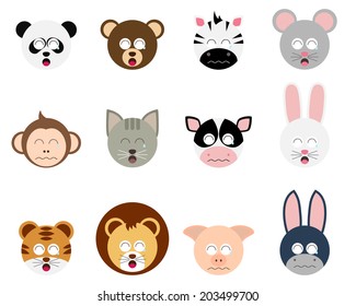 Sad emotion face of animal icon set vector