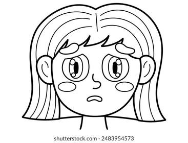 Sad emotion face in black and white. Little girl clipart with emotional expression in outline. Feeling concept vector illustration