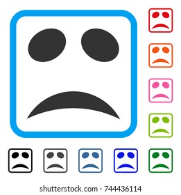 Sad Emotion Smile icon. Flat gray iconic symbol inside a blue rounded frame. Black, gray, green, blue, red, orange color variants of Sad Emotion Smile vector.