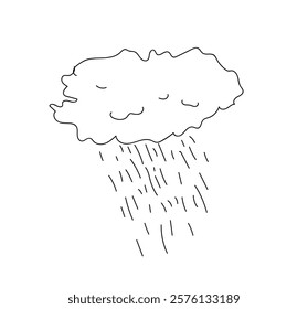 Sad emotional cloudy weather lightning design concept. Single continuous line art rainy stormy cloud. One line sketch outline, vector illustration drawing. Hand made vector not AI 