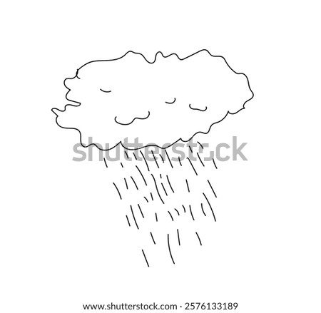 Sad emotional cloudy weather lightning design concept. Single continuous line art rainy stormy cloud. One line sketch outline, vector illustration drawing. Hand made vector not AI 