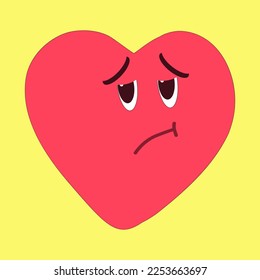 Sad emotional face image. Red heart on a yellow background. Cartoon vector illustration