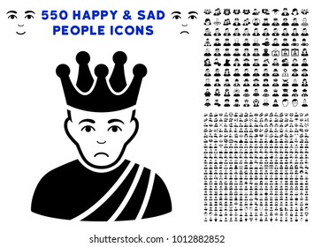 Sad Emperor pictograph with 550 bonus pitiful and happy jobs images. Vector illustration style is flat black iconic symbols.