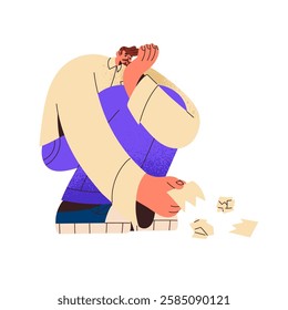 Sad employee above torn pieces of papers, destroyed documents. Broken, upset businessman breaches contract, fails in work. Termination of agreement, business failure. Flat isolated vector illustration