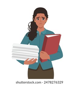 Sad Employee or businesswoman holding stack of folders and documents. Flat vector illustration isolated on white background