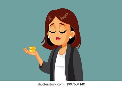 Triste Empleado Que Tiene Problemas Financieros Después Del Recorte De Pagos. Triste empresaria sosteniendo unas cuantas monedas que experimentan bancarrota y problemas económicos
