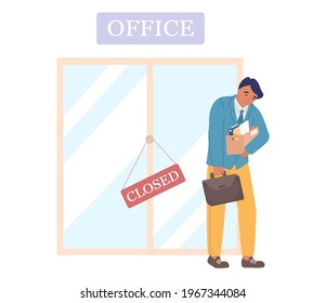 Sad employee leaving closed office, flat vector illustration. Dismissal, job loss, unemployment, staff reduction due to financial problems, closed business, bankruptcy, economic crisis etc.