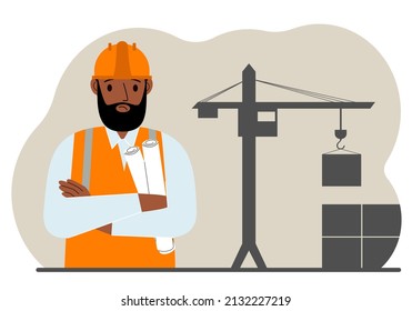 Sad engineer near the construction crane. Builder holding blueprints near construction machinery. Vector flat illustration