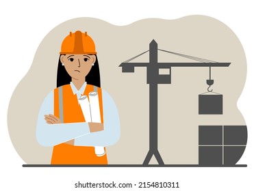 Triste ingeniero cerca de la grúa de construcción. Constructor con planos cercanos a la maquinaria de construcción. Ilustración plana del vector