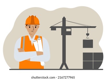 Sad engineer near the construction crane. Builder holding blueprints near construction machinery. Vector flat illustration