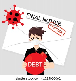 Sad Entrepreneur Man Hanging A Bomb With Debt Text In Front Of The Final Notice Of  Past Due Loan. Concept Of Jobless And  Bankruptcy Problem During Coronavirus Outbreak Or Covid-19 Pandemic. Vector