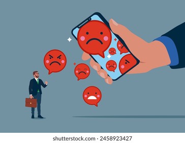 Sad and evils face emoji fall from a smartphone. No happiness. Bad reviews. Flat vector illustration