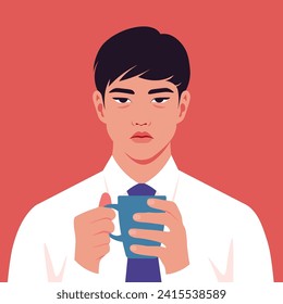 A sad and exhausted Asian man is holding a cup of coffee in his hands. An overworked manager. Vector flat illustration