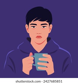 A sad and exhausted Asian student is holding a cup of coffee in his hands. An overworked freelancer. Vector flat illustration