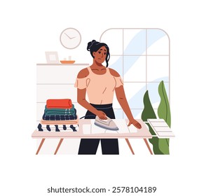 Sad exhausted housewife ironing stack of clothes, laundry on board. Tired, overworked black woman does housework, household duties at home. Flat isolated vector illustration on white background