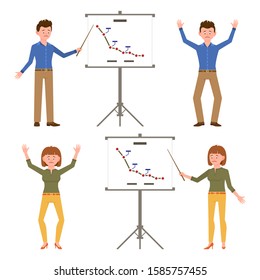 Sad, exhausted, miserable, business office guy and lady vector illustration. Standing unhappily, depressed man and woman with bad report graphs cartoon character set