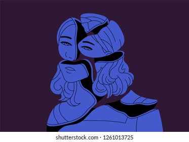 Sad exhausted young woman broken into pieces. Concept of ego loss, fragmented self, pathological fatigue, mental disorder or psychological fragmentation. Colored hand drawn vector illustration