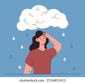 Sad expression concept. Psychological disorder, problems at work and in personal life. Depression, loneliness and frustration. Girl on background of clouds with rain. Cartoon flat vector illustration
