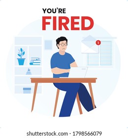 Sad expression from an employee after getting email notification that telling he is dismissal as employee from the office company startup technology. Sorry, you're fired during Covid-19. 