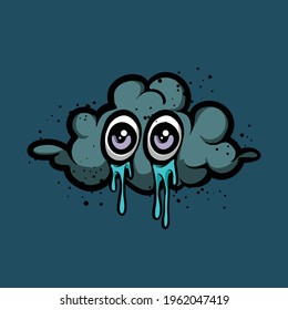 Sad expression of a rain cloud character with tears from eyes. Rain falls mascot vector concept