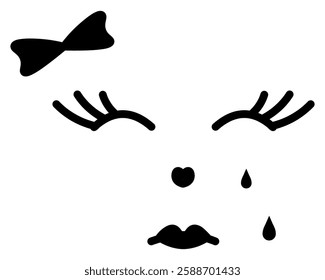 Sad expression of a woman's face. Crying face with melancholy emotions. Eyes are closed, tears are dripping from them, bow. Sketch. Vector illustration. Outline on an isolated background. Doodle style