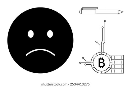 Cara triste acompañada de pluma y símbolo de Bitcoin con conexiones digitales en blanco y negro. Ideal para emociones, finanzas, criptomonedas, tecnología y temas digitales. Estilo de arte de línea simple