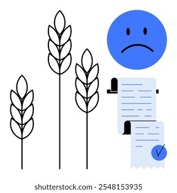 Sad face in blue and three wheat stalks beside a long receipt with a check mark. Ideal for illustrating agricultural issues, emotional responses, paperwork overload, economy, productivity