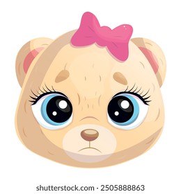  Sad face of a cartoon bear with a cute pink bow. Isolated vector illustration on white background