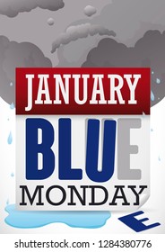 Sad face in the clouds and rainy weather over damaged loose-leaf calendar with broken text remembering the date for Blue Monday in January.