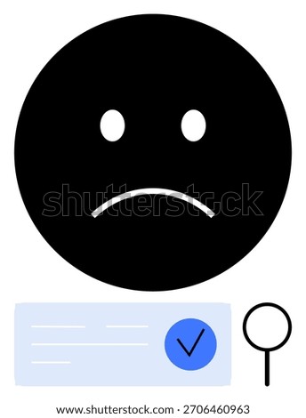Sad face with downturned mouth, document with checkmark, magnifying glass. Ideal for conveying rejection, failure, disappointment, unsuccessful search, negative feedback, emotional response