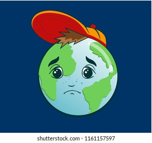 Sad Face Earth Mascot Character. Vector Illustration.