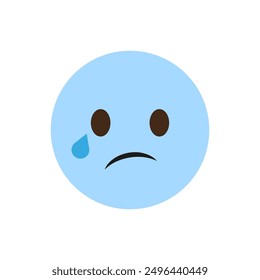 Sad face emoji. Blue circle with tear drop. Frowning expression. Vector illustration.