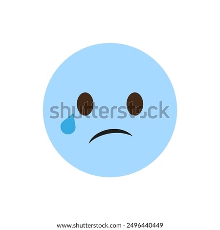 Sad face emoji. Blue circle with tear drop. Frowning expression. Vector illustration.
