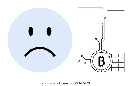 A sad face emoticon next to a blockchain bitcoin logo suggesting sadness or disappointment in cryptocurrency market. Ideal for financial analysis, cryptocurrency news, economic downturns, digital