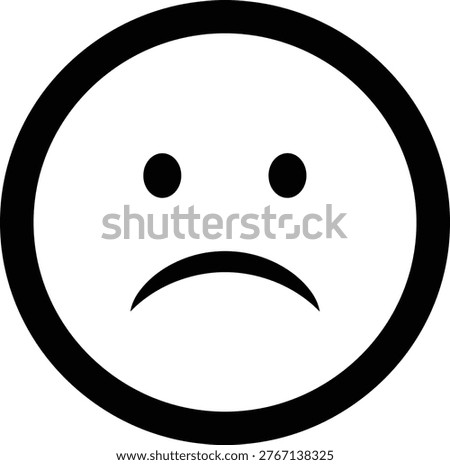 Sad face emoticon vector illustration, black and white simple design, emotional symbol of sadness, disappointment, depression, unhappy mood, negative feelings, expression