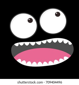 Sad face emotion. Boo spooky. Big eyes, tooth, tongue, mouse. Square head. Happy Halloween card. Flat design style Black background. Vector illustration