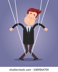 Sad face expression businessman office worker character puppet. Manipulation authority control obey power concept. Vector flat cartoon isolated graphic design illustration