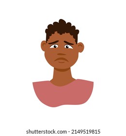 Sad face expression. Vector cartoon portrait of upset African American boy. Illustration of male character feeling sorry.