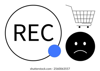 Sad face in front of a shopping cart with recording symbol in black circle and blue dot. Ideal for consumer dissatisfaction, shopping critiques, e-commerce issues, retail feedback, customer service