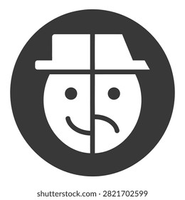 A sad face with a hat is shown in a crosshair, evoking feelings of melancholy and targeting.