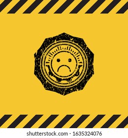 sad face icon black grunge emblem inside yellow warning sign. Vector Illustration. Detailed.