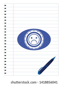 sad face icon blue ink pen emblem. Vector Illustration. Detailed.