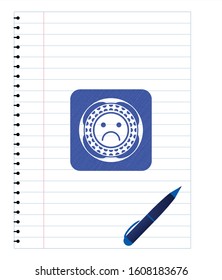 sad face icon draw (pen strokes). Blue ink. Vector Illustration. Detailed.