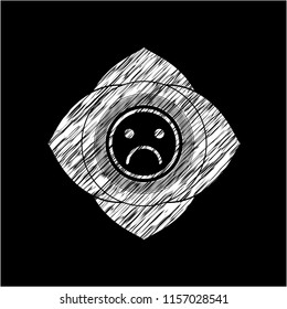 sad face icon drawn chalk emblem, retro style, chalk or chalkboard texture