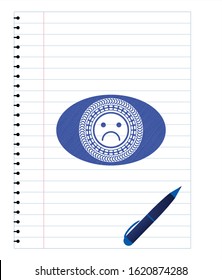 sad face icon drawn with pen. Blue ink. Vector Illustration. Detailed.