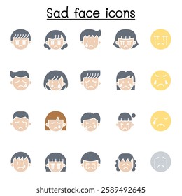 Sad face icon in flat color style