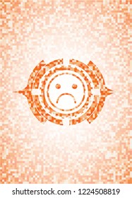 sad face icon inside abstract orange mosaic emblem