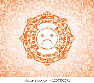 sad face icon inside abstract orange mosaic emblem