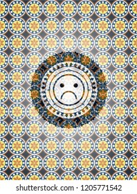 sad face icon inside arabesque emblem background. arabic decoration.