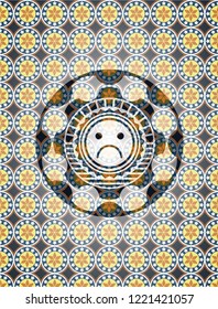 sad face icon inside arabesque badge. arabic decoration.
